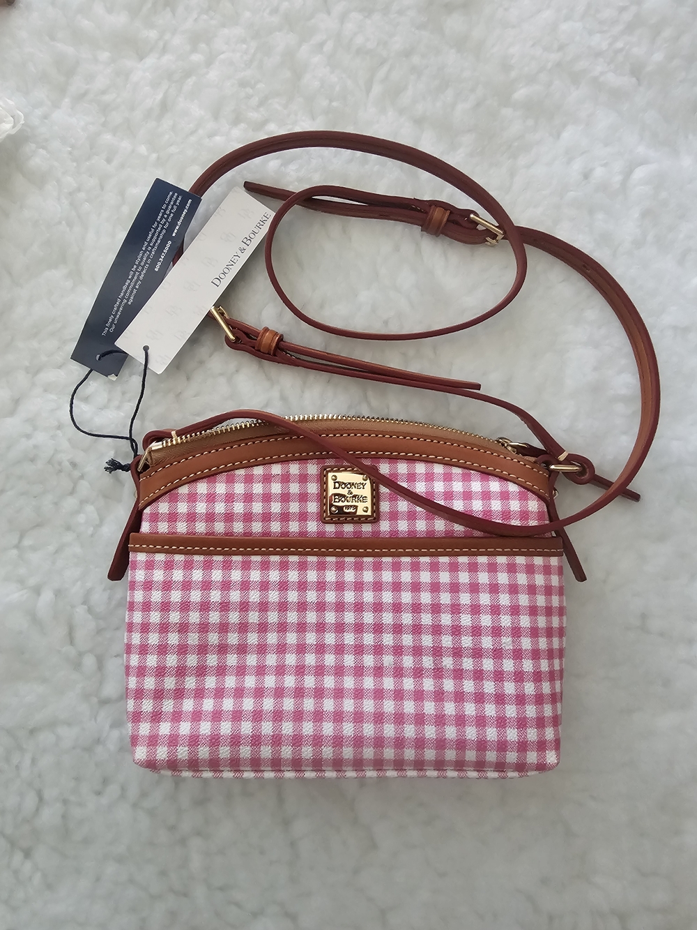 Dooney & Bourke Pink Gingham Crossbody with Brown Leather Trim